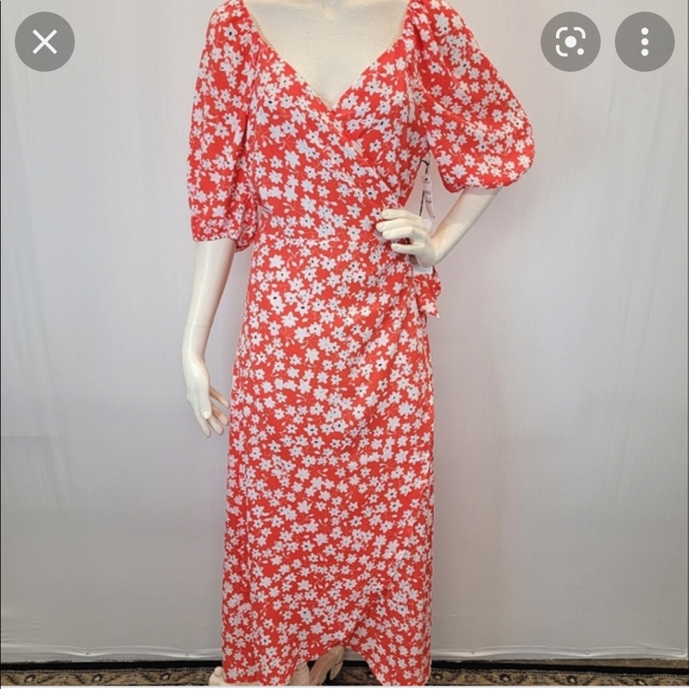 Leith Floral High Red Poppy Valencia Wrap Dress XXS